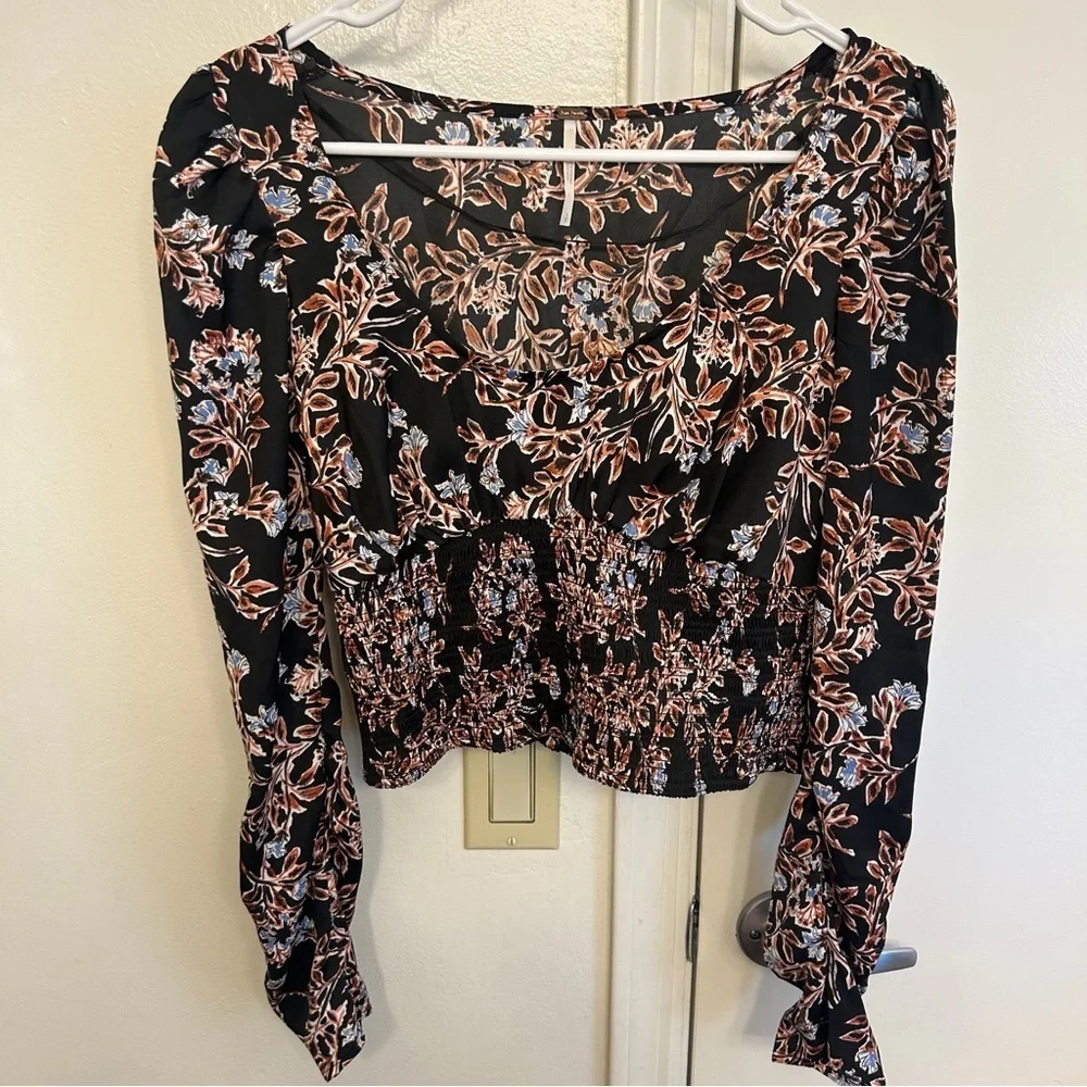 Free People Santiago Floral Crop Top Puff Sleeve Smocked Size Small